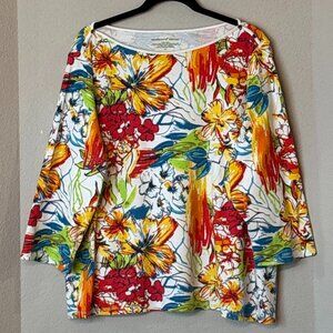 Westbound Woman Floral Top 3X Boat Neck Button Shoulder